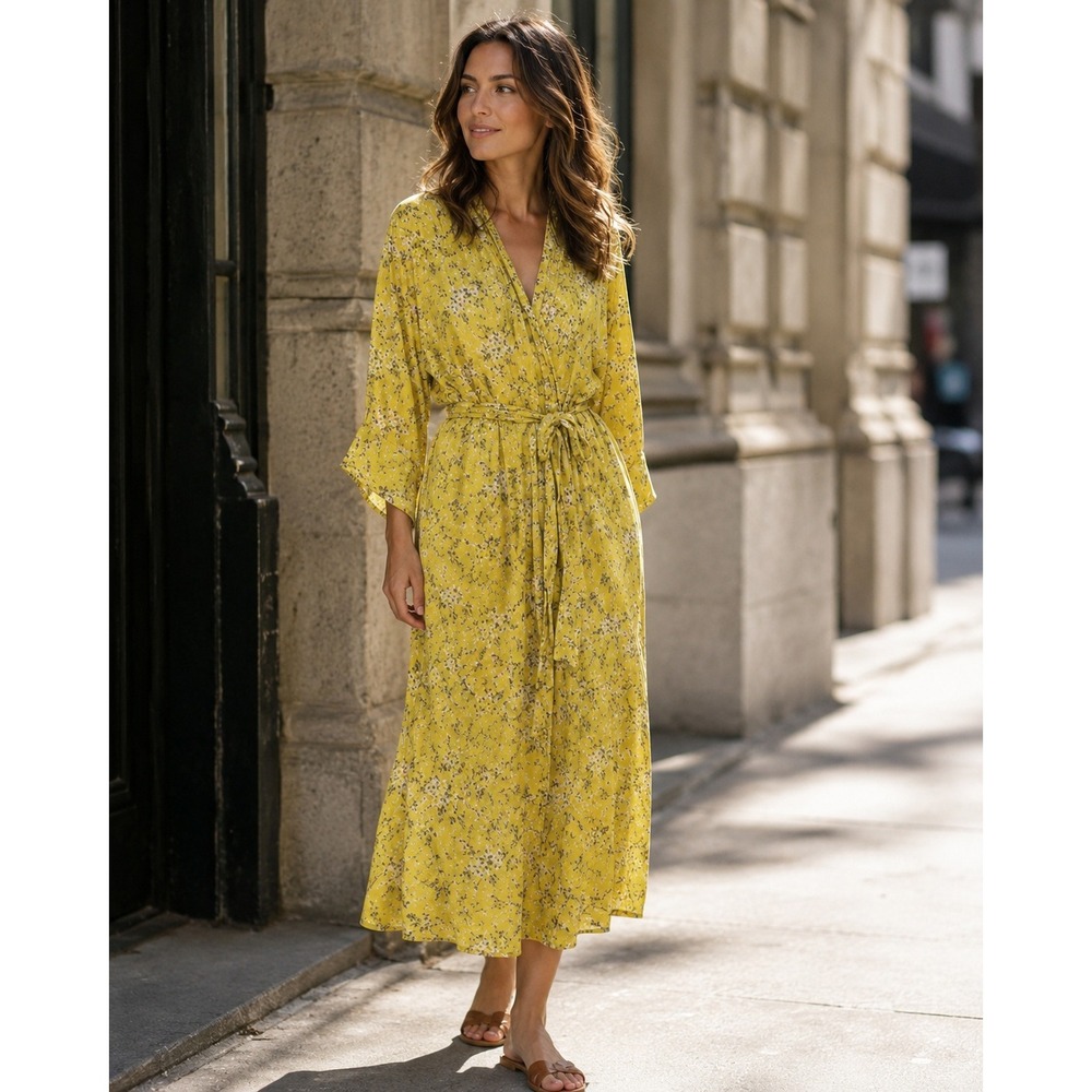 American Eagle Yellow Floral Kimono Robe Long Viscose Made in Italy One Size NWT